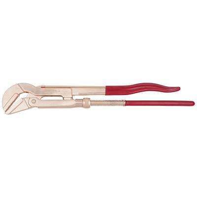Une clé à molette rouge avec une poignée réglable. Outil utilisé pour saisir et faire tourner des tuyaux et autres objets cylindriques.