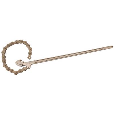 Une clé à chaîne en métal. Une longue poignée avec une chaîne qui s'enroule autour d'un tuyau ou d'une surface circulaire pour le faire tourner.