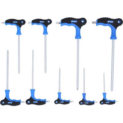 Huit clés Allen de différentes tailles, en bleu et noir. Outil principal pour les travaux de vissage, disposées de manière uniforme.