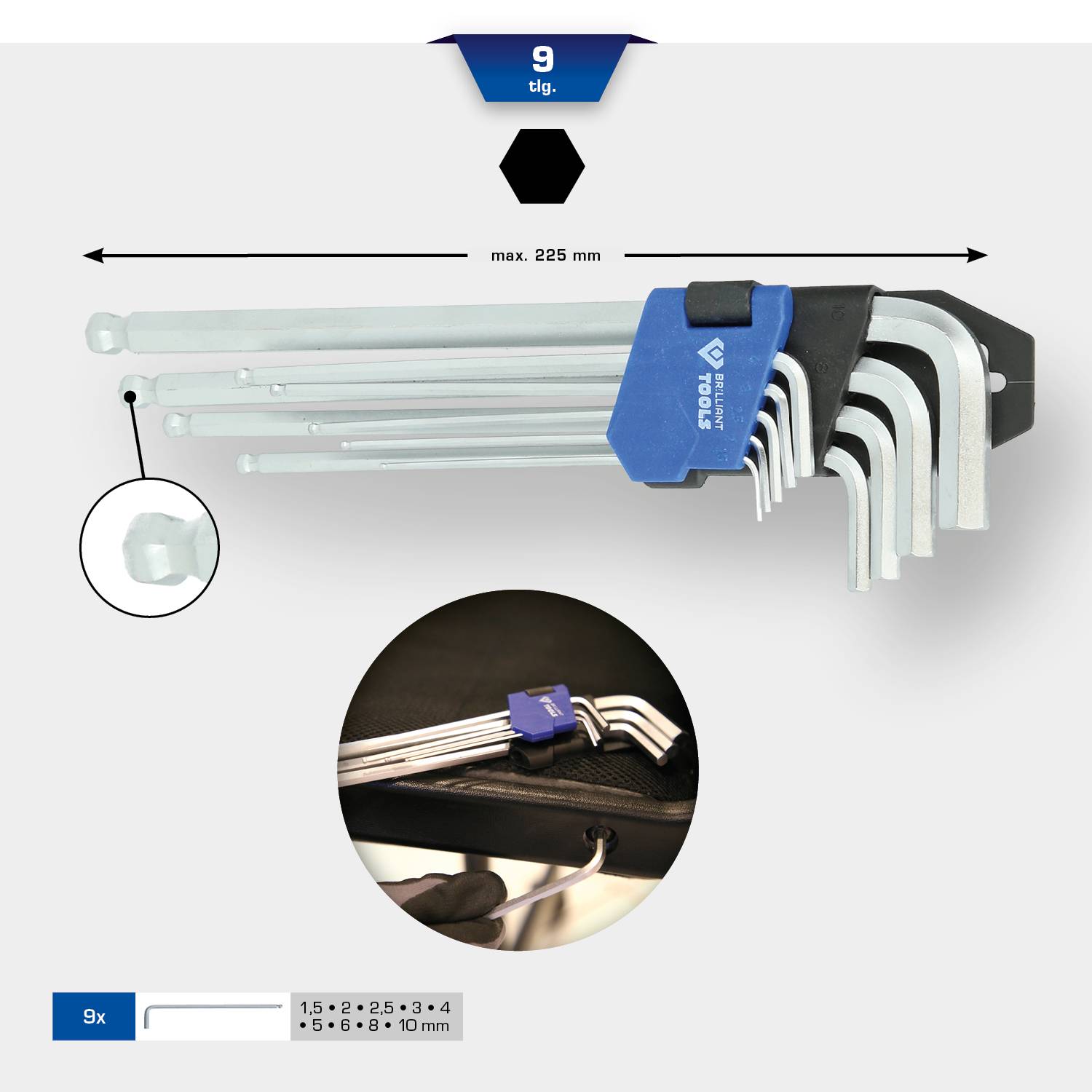 Un ensemble de 9 clés hexagonales de différentes tailles, alignées sur un support bleu. Longueur maximale : 225 mm.