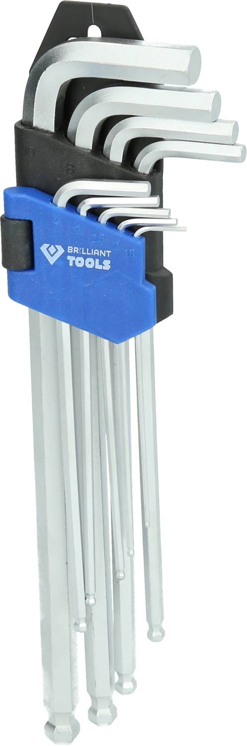 Un ensemble de clés Allen de différentes tailles, maintenues dans un support bleu avec le logo blanc 'Brilliant Tools'.
