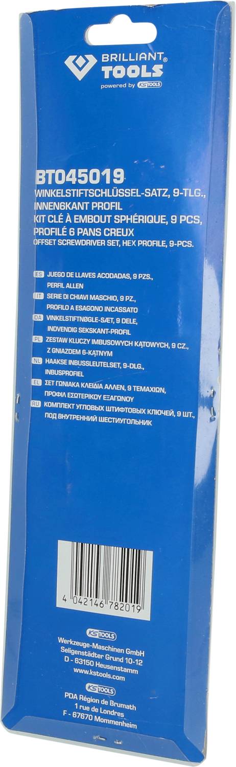 Ensemble de clés Allen Brilliant Tools, 9 pièces. Emballage de la marque Brilliant Tools avec informations produit et codes-barres au dos.