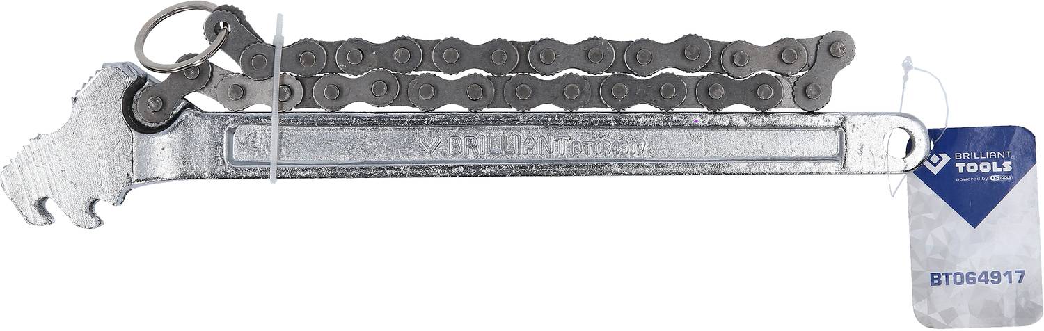 Clé à chaîne en métal avec denture de chaîne et étiquette 'BRILLIANT TOOLS'. Spécification de l'outil : BT064917.