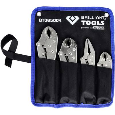 Quatre pinces étaux en argent de différentes tailles dans un sac à outils bleu de 'BRILLIANT TOOLS'.