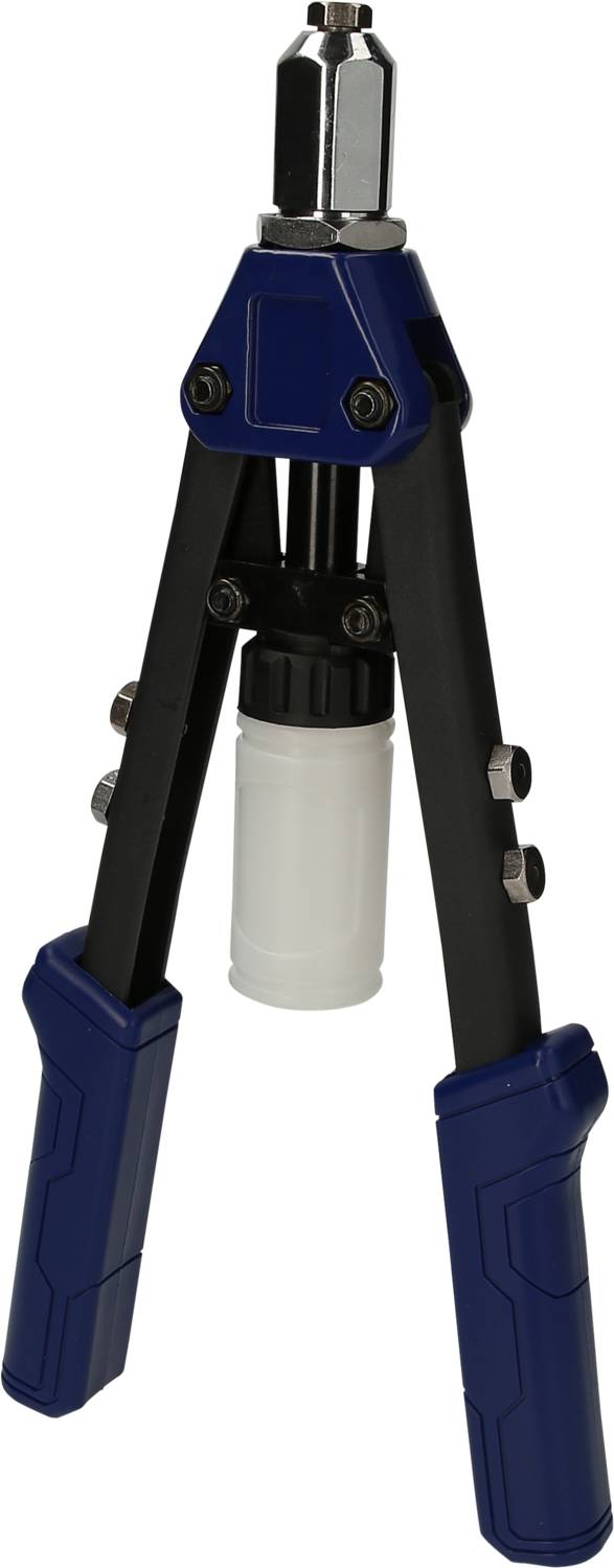 Pince à riveter manuelle avec poignées bleues et embout blanc, adaptée pour assembler des matériaux au moyen de rivets.