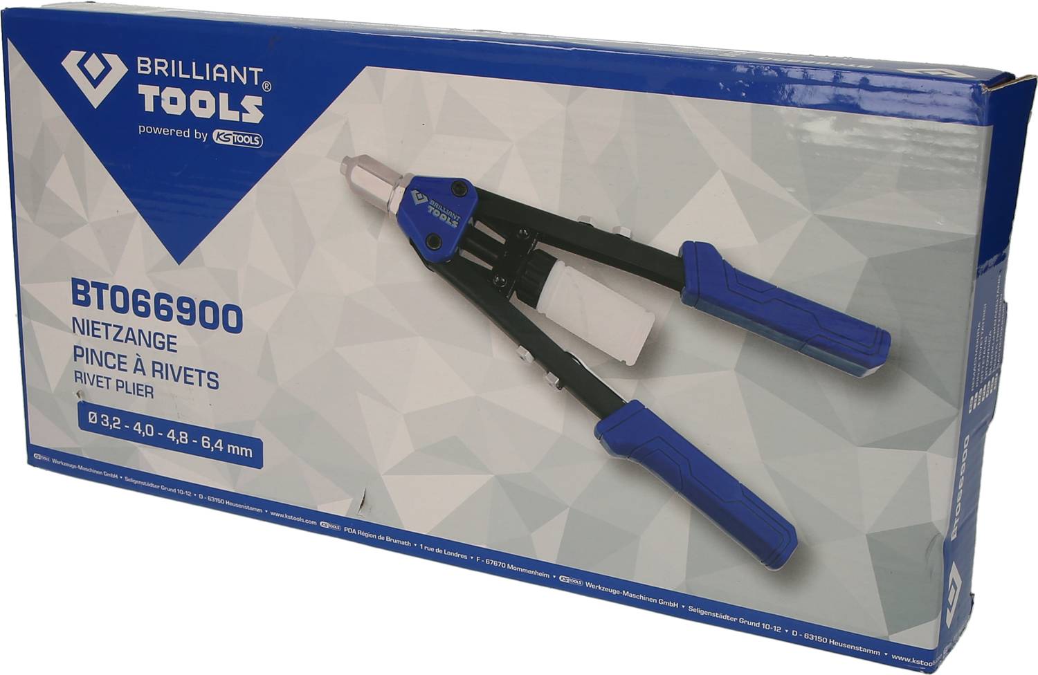 Emballage du Brilliant Tools Pince à étreindre BT066900, montrant l'image de l'outil avec les dimensions 0,32 - 4,0 - 4,8 - 6,4 mm.