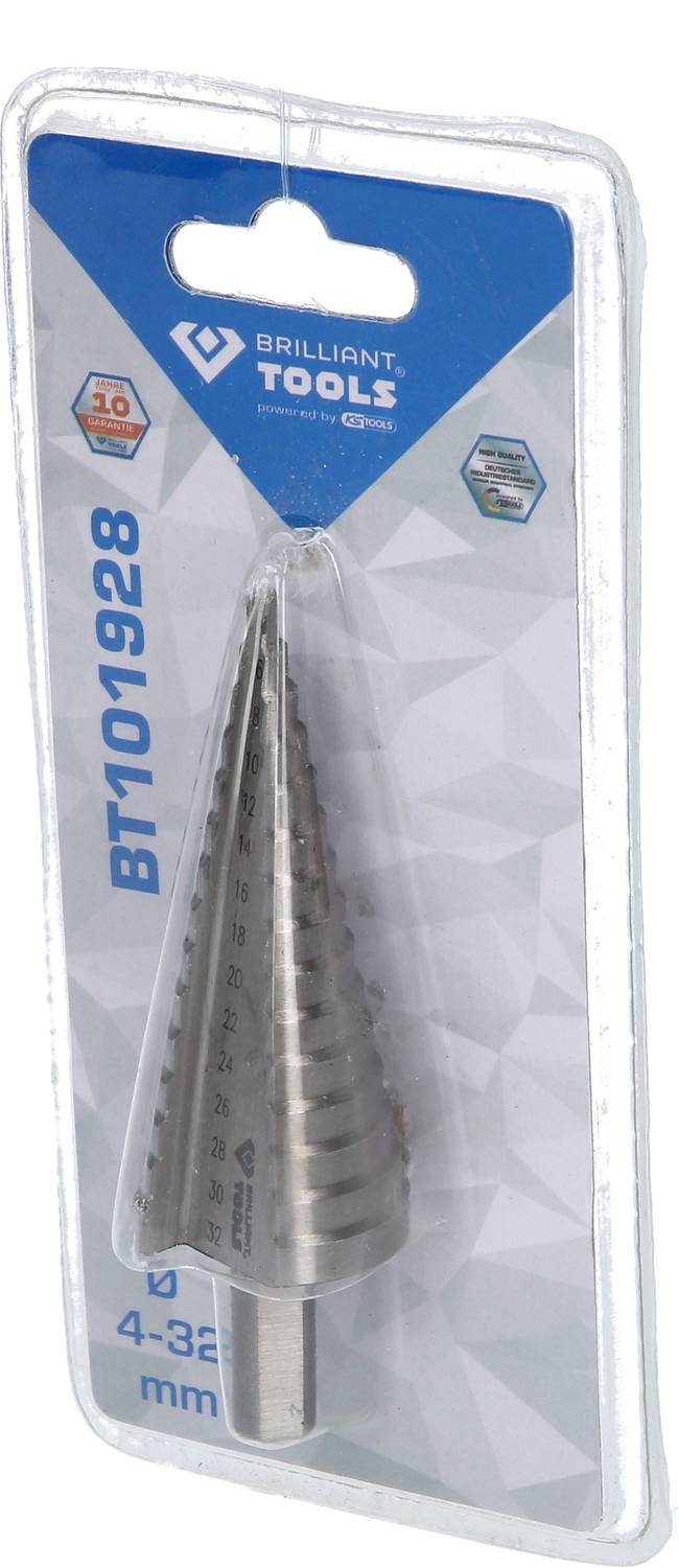 Foret étagé emballé dans un emballage en plastique transparent, portant l'inscription 'BT101928', adapté pour des perçages de 4-32 mm.