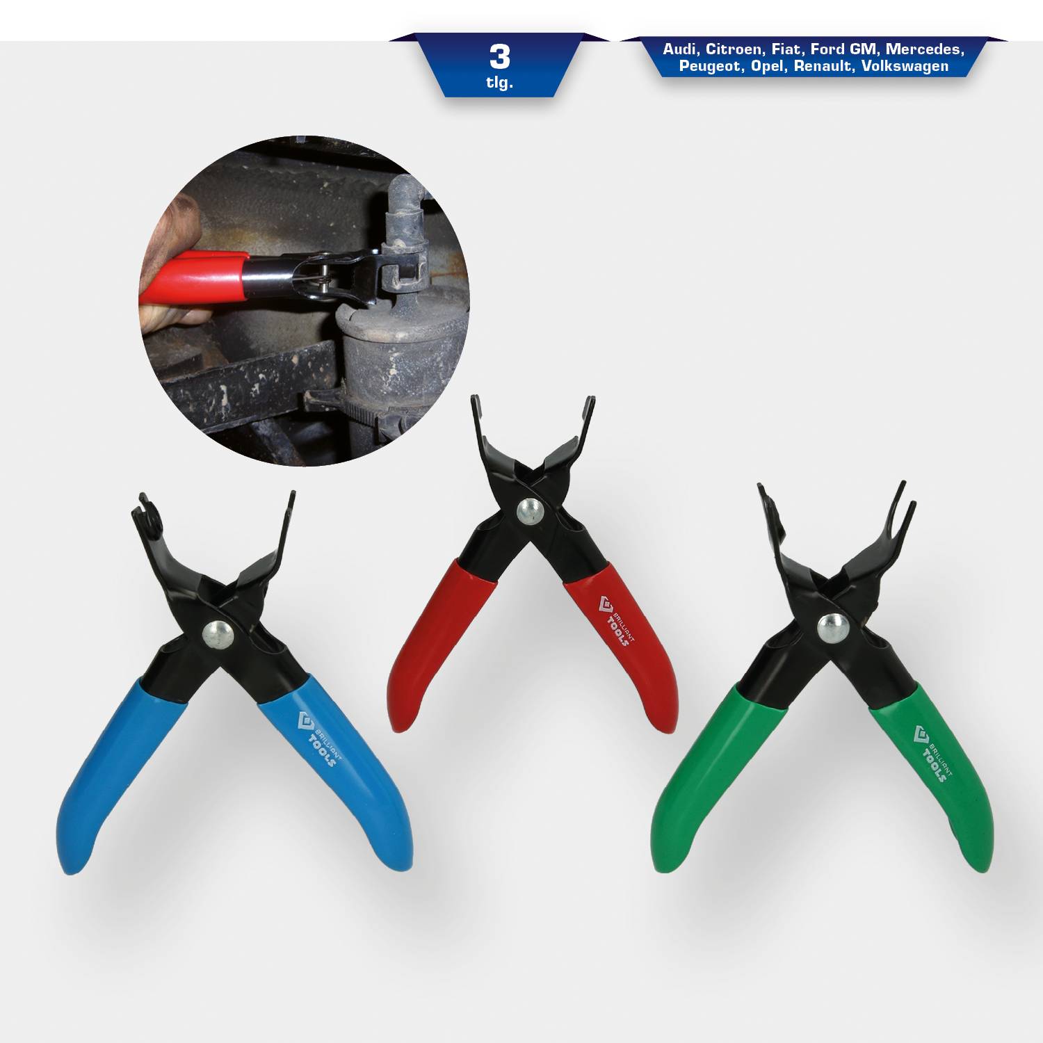 Ensemble de pinces pour montage automobile avec trois pinces en bleu, rouge et vert. Gros plan montrant une pince en action sur une pièce automobile. Marques : Audi, Citroën, Fiat, Ford, GM, Mercedes, Opel, Peugeot, Renault, Volkswagen.