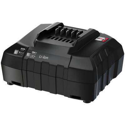 Chargeur de batterie Li-ion noir avec poignée supérieure et indicateurs d'état, présenté sur un fond blanc.
