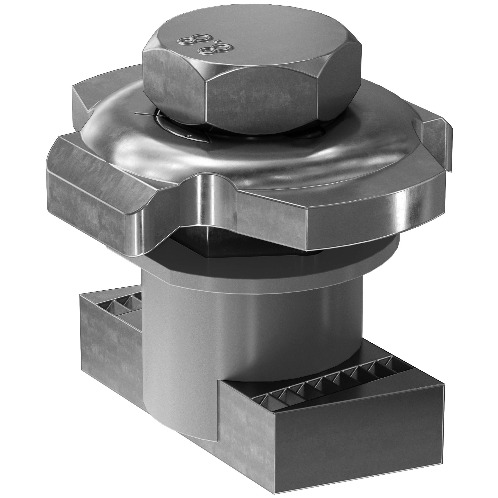 Fixation mécanique métallique ou collier avec un grand boulon hexagonal sur le dessus, présenté dans une vue de produit isolée de style studio.
