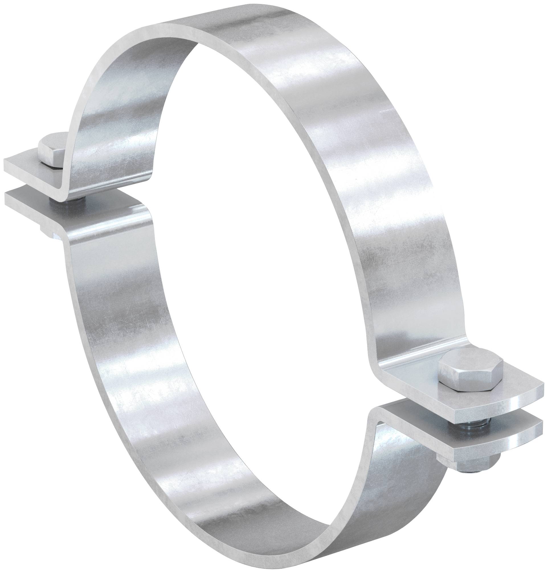 Collier de tuyau métallique avec deux supports boulonnés, présenté isolé sur fond blanc.
