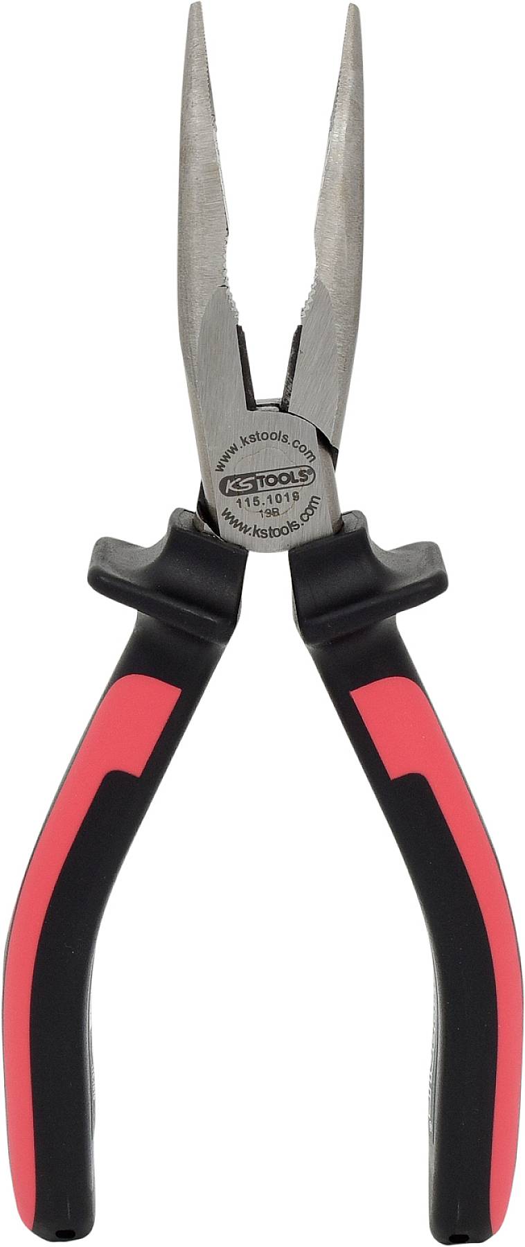 Une pince rouge et noire aux mâchoires pointues et étroites, adaptée aux travaux de préhension et de maintien précis.