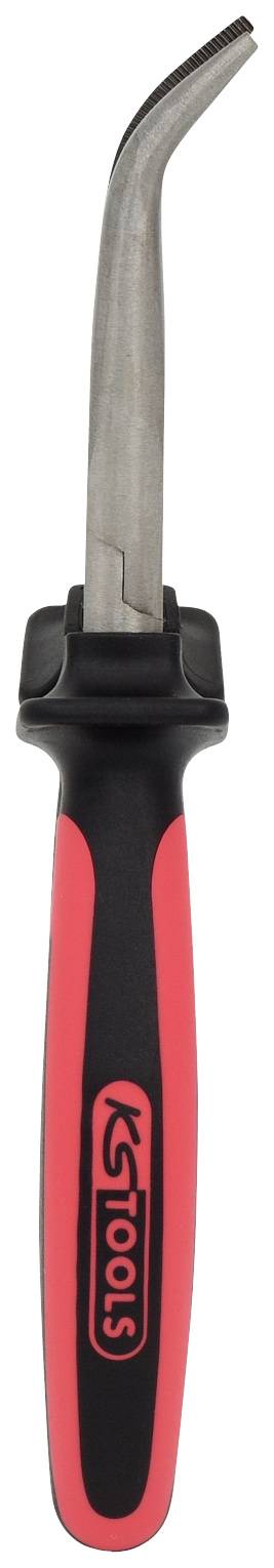 Une poignée en plastique rouge et noir avec une tête métallique robuste et incurvée, probablement un outil pour des travaux manuels.