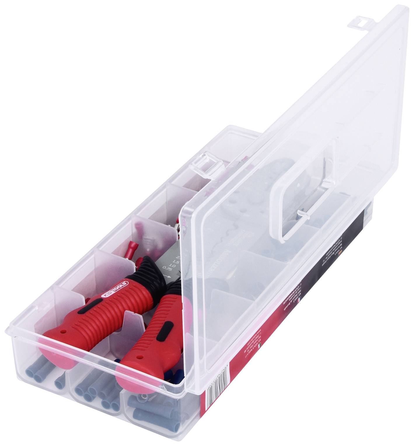 Une boîte en plastique transparent à plusieurs compartiments, remplie de divers outils rouges et gris, comprenant une poignée et des embouts de forage.