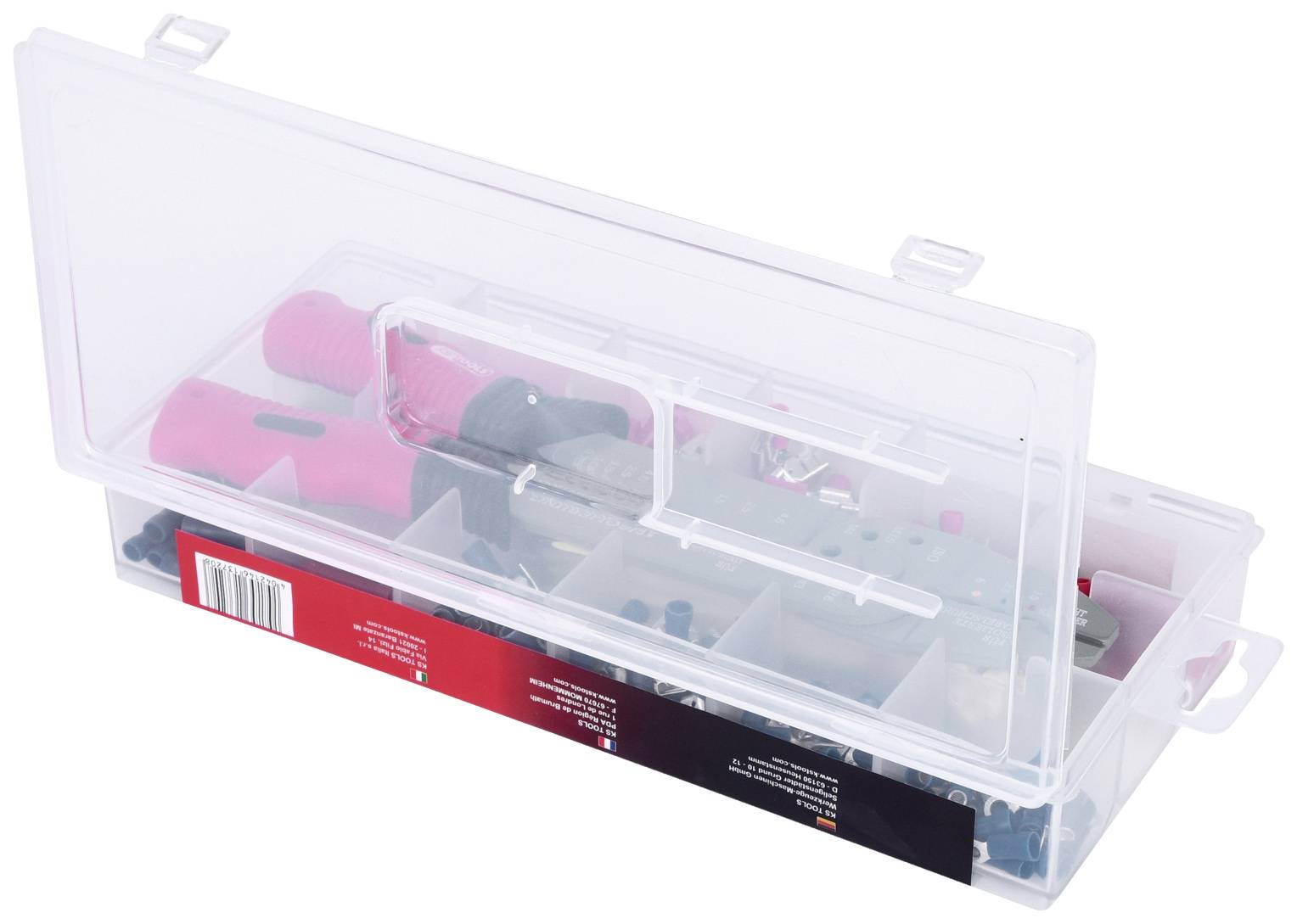 Boîte en plastique transparent avec compartiments, contenant des tournevis roses et des vis métalliques.