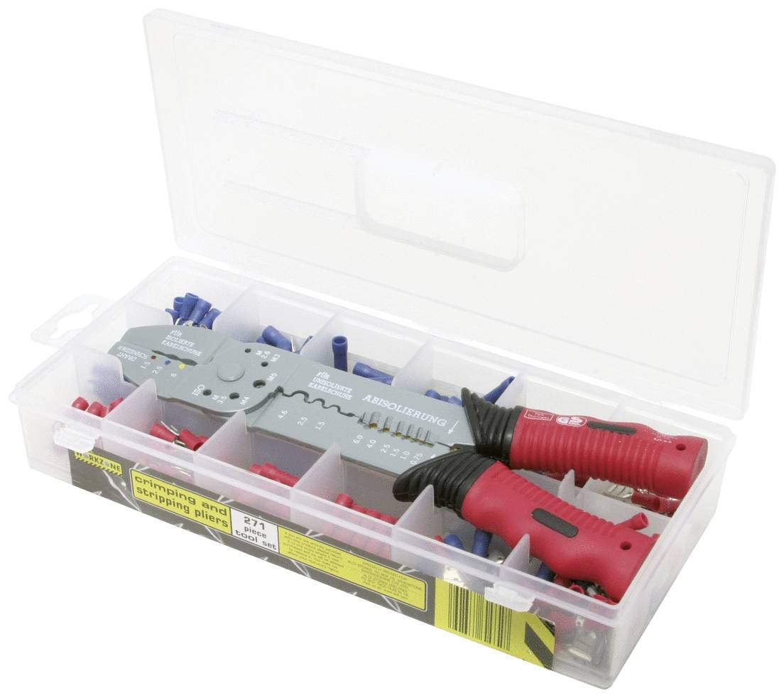 Boîte en plastique contenant une pince à sertir pour embouts de câble et cosses de câble isolées. Comprend également divers types de bornes électriques.