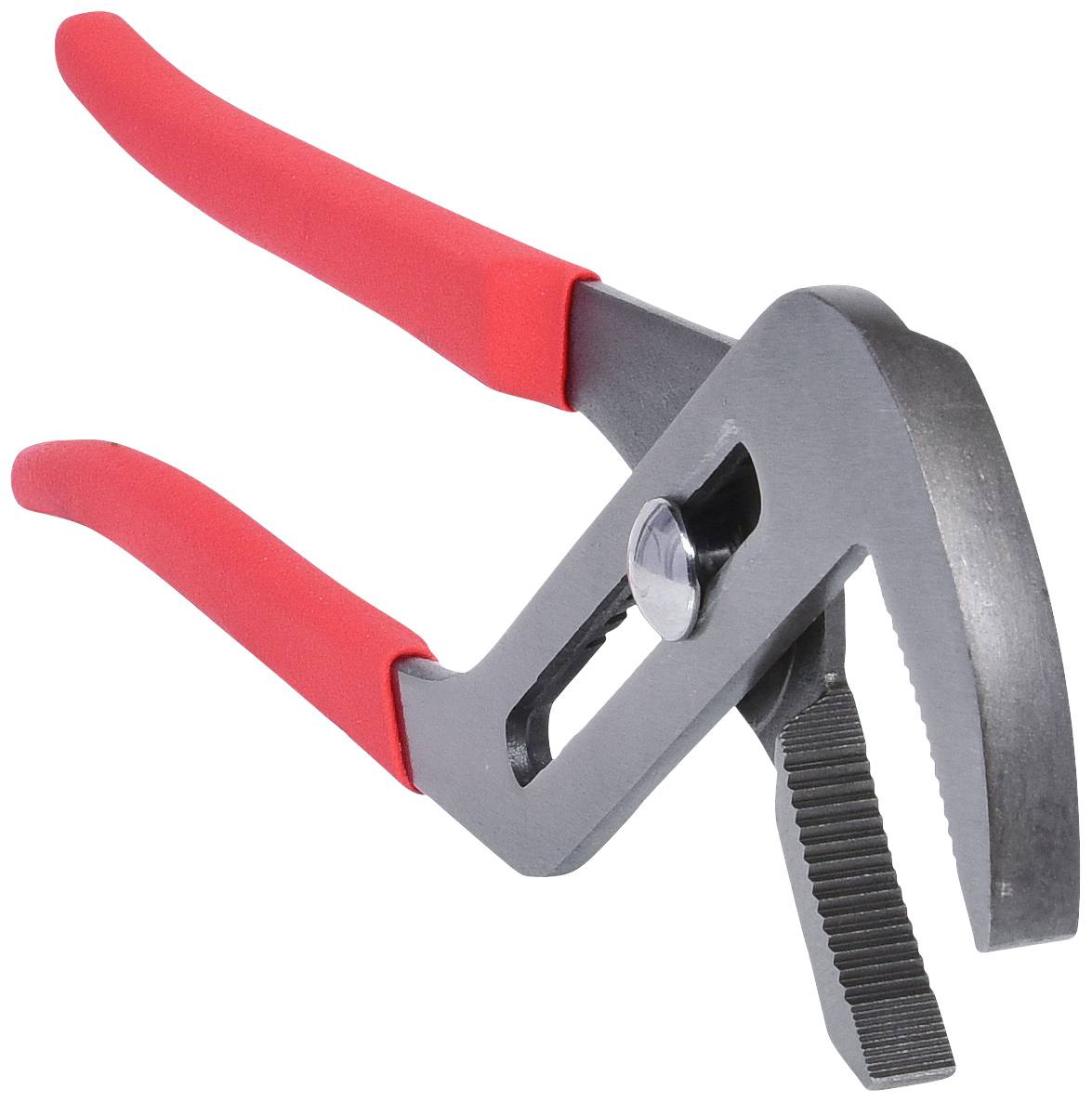 Une clé à pipe à poignées rouges et articulation réglable, adaptée pour saisir et maintenir des tuyaux ou des objets ronds.