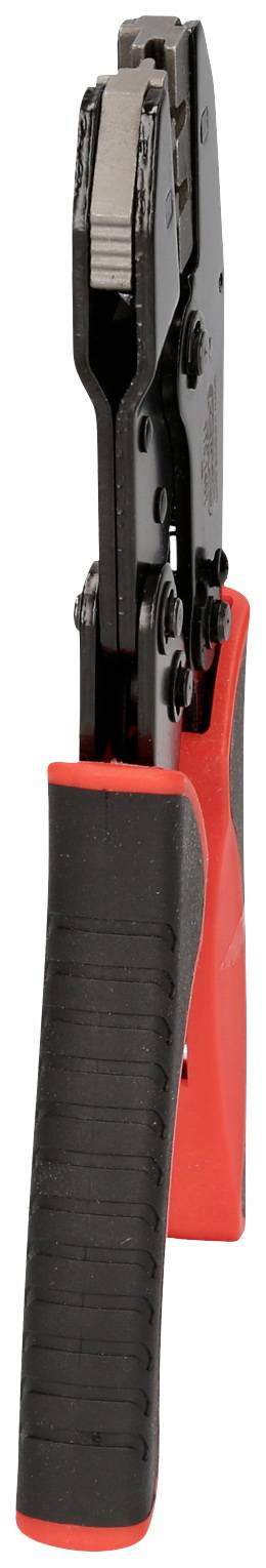 Pince à sertir avec poignée noire et détail rouge, en métal. Outil utilisé pour connecter des câbles électriques.