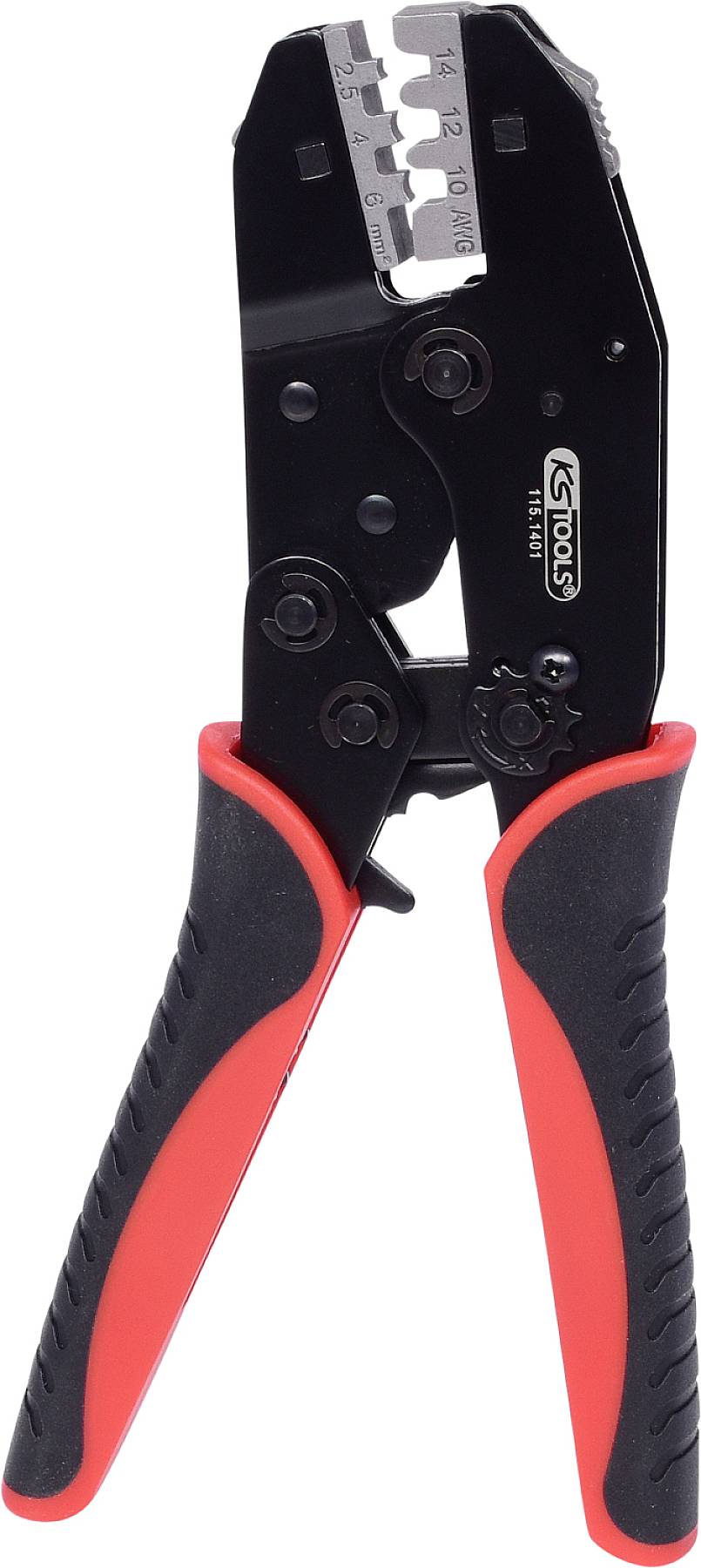 Pince à sertir auto-ajustable avec poignée rouge et noire, adaptée à différentes sections de câbles.