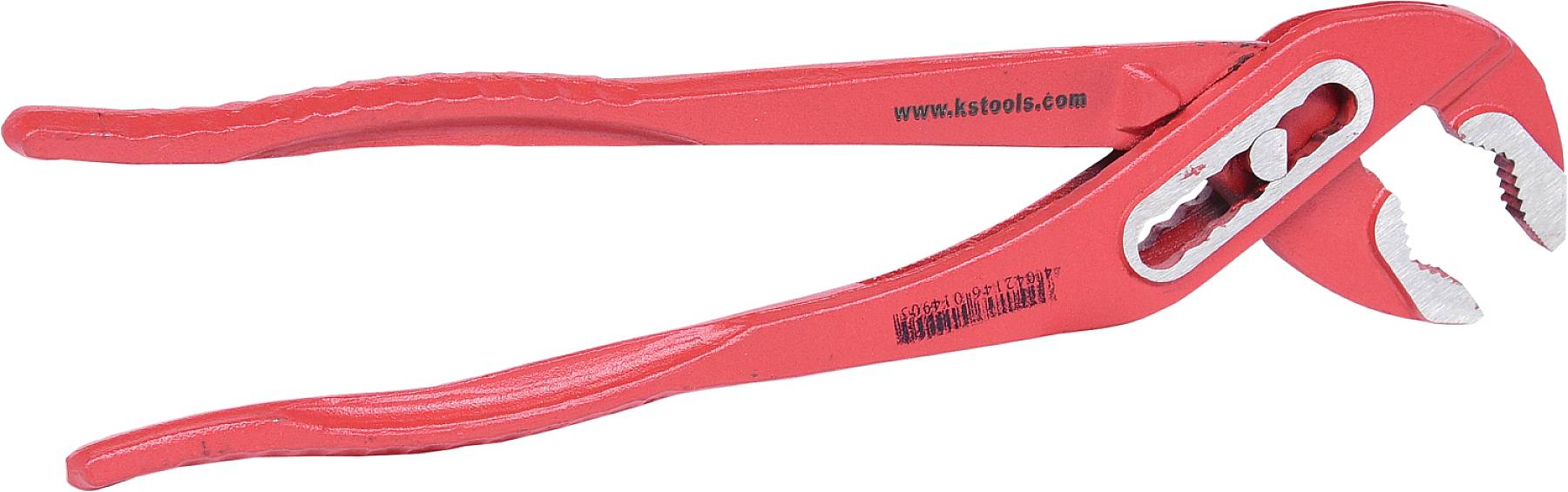 Pince à tube rouge à mâchoires crantées, adaptée pour saisir et maintenir des tuyaux.