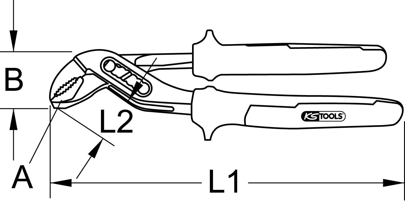 Dessin d'une pince multiprise, où la longueur de la poignée est marquée 'L1', la longueur des mâchoires 'L2', et la hauteur d'ouverture 'A' et 'B'.
