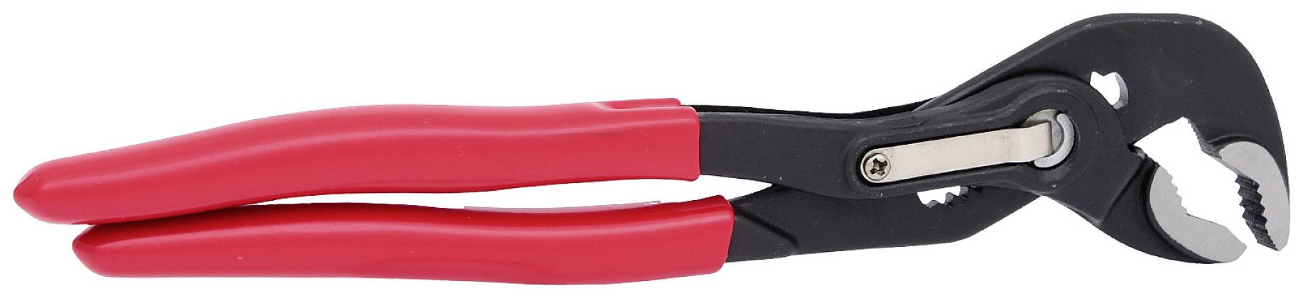 Pince multiprise rouge avec articulation réglable et mâchoires striées sur fond blanc. Outil pour travaux de plomberie et sanitaires.