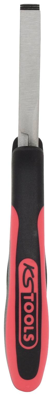 Un tournevis à fente rouge et noir avec une poignée ergonomique, adapté aux travaux de réparation précis.