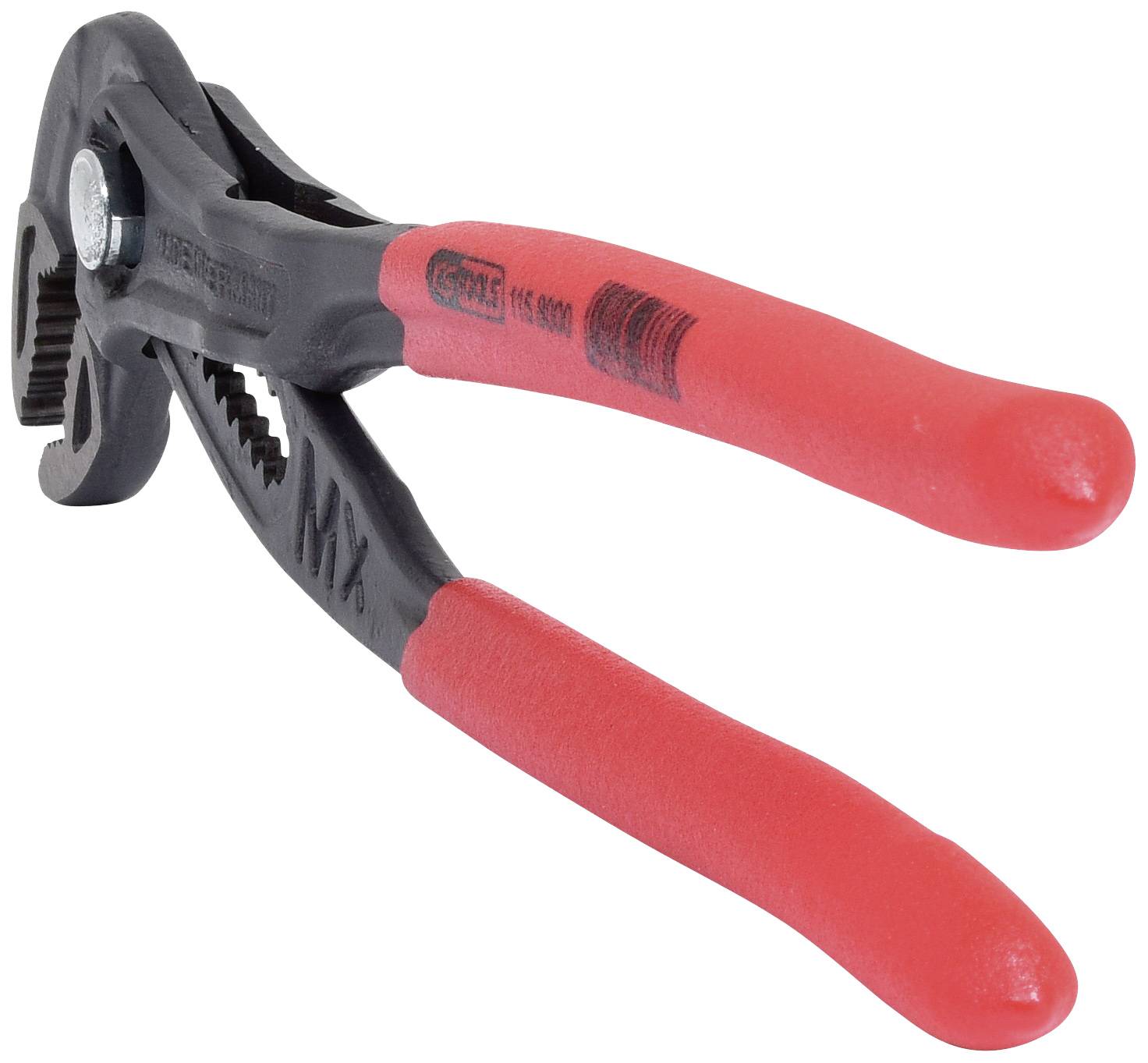 Une pince multiprise rouge avec des poignées noires, utilisée pour saisir et tourner des tuyaux et des écrous.