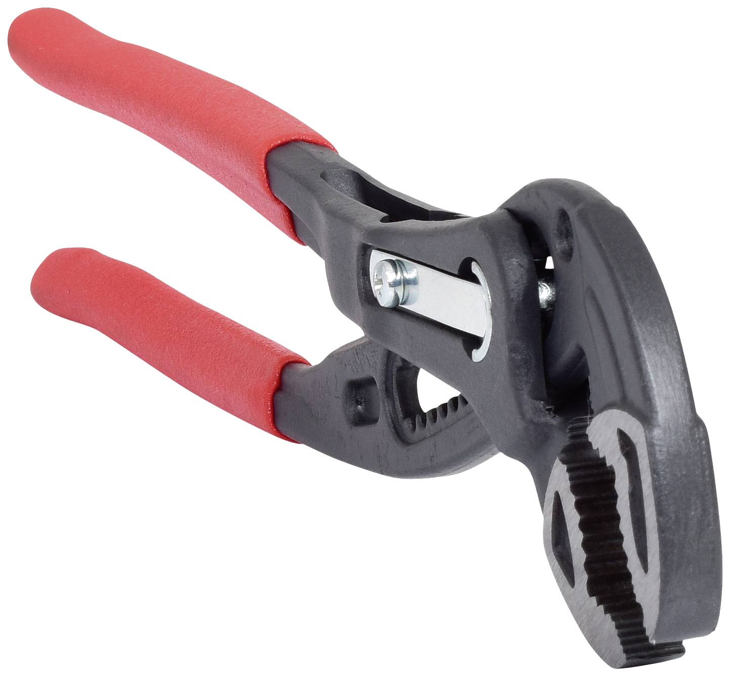 Une pince à pipe noire avec une poignée rouge, ouverte. Elle sert à saisir et à tourner des tuyaux.