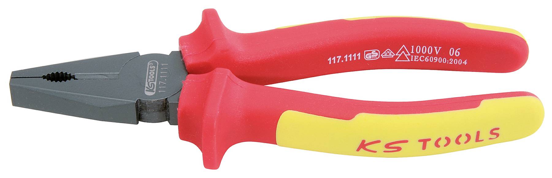 Pince isolée avec poignée rouge et jaune portant l'inscription 'KS TOOLS', adaptée aux travaux jusqu'à 1000V.