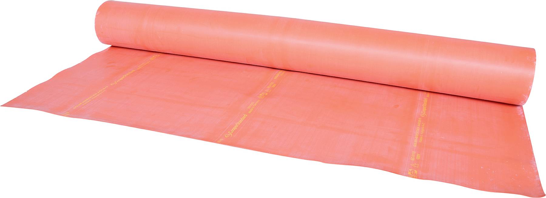 Un rouleau de voile de peintre orange est partiellement déroulé sur une surface blanche.