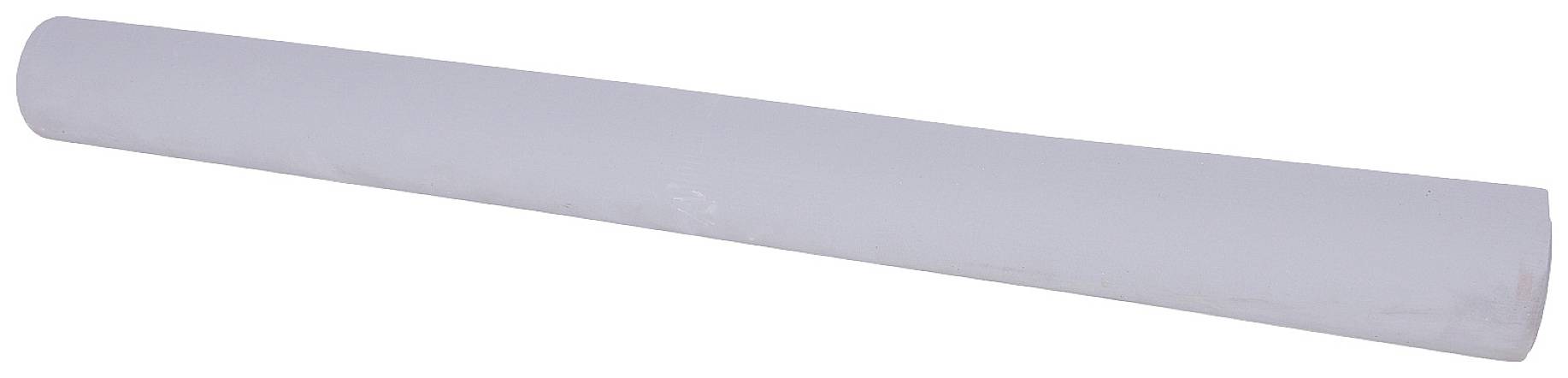 Un long cylindre blanc, ressemblant à un grand rouleau de papier, est posé horizontalement sur un fond blanc.