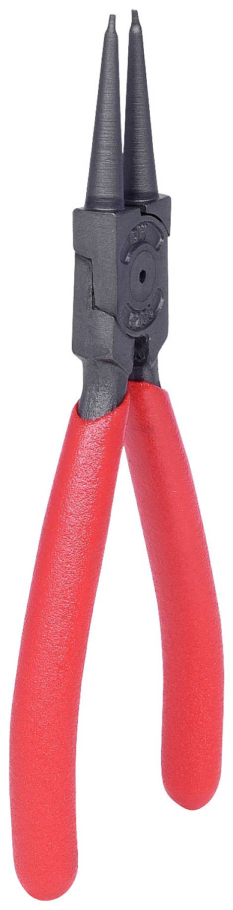 Une pince à circlips rouge avec des embouts noirs, utilisée pour retirer et installer des circlips.