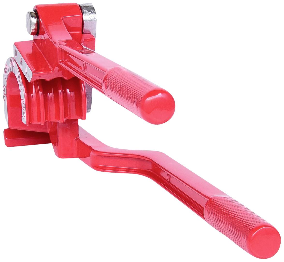 Un outil de cintrage manuel rouge à deux poignées, utilisé pour plier précisément des tubes métalliques à différents angles.