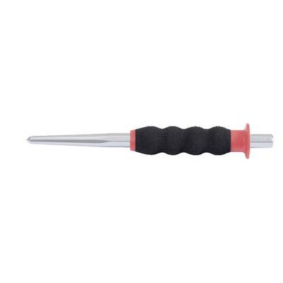 Un marqueur d'argent avec une poignée rouge et une surface antidérapante noire, utilisé pour marquer des points sur du métal ou du bois.