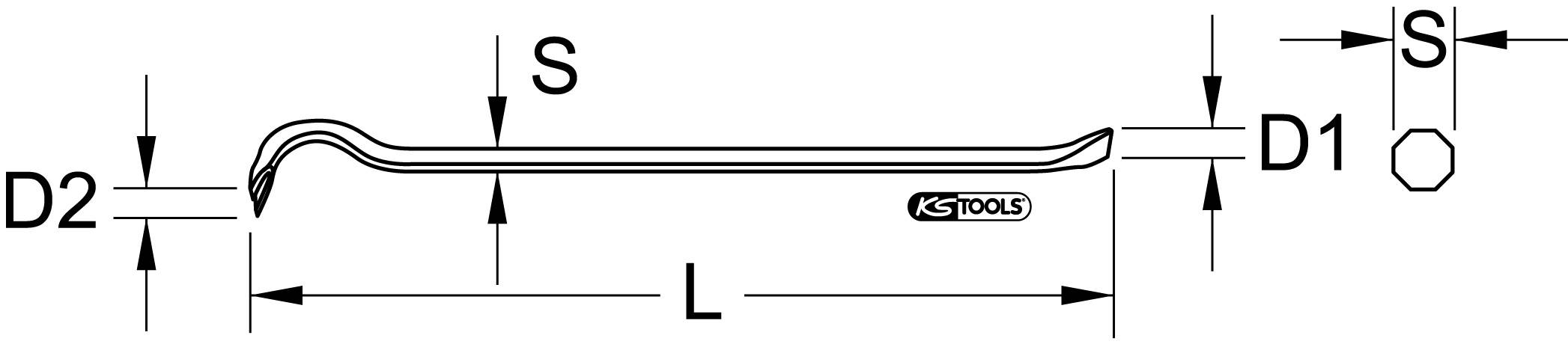 Dessin technique d'une clé à six pans avec cotes : D1, D2, S et L, illustrant les dimensions de la clé.