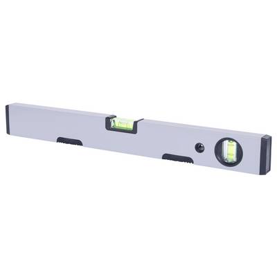 Un niveau de charpentier métallique avec deux fioles à bulle, une pour le nivelage horizontal et une pour le nivelage vertical.