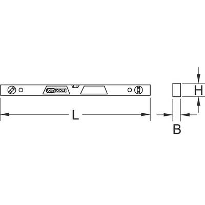 Dessin technique d'un niveau à bulle avec étiquetage : 'KS Tools', dimension de longueur 'L', dimension de largeur 'B' et dimension de hauteur 'H'.