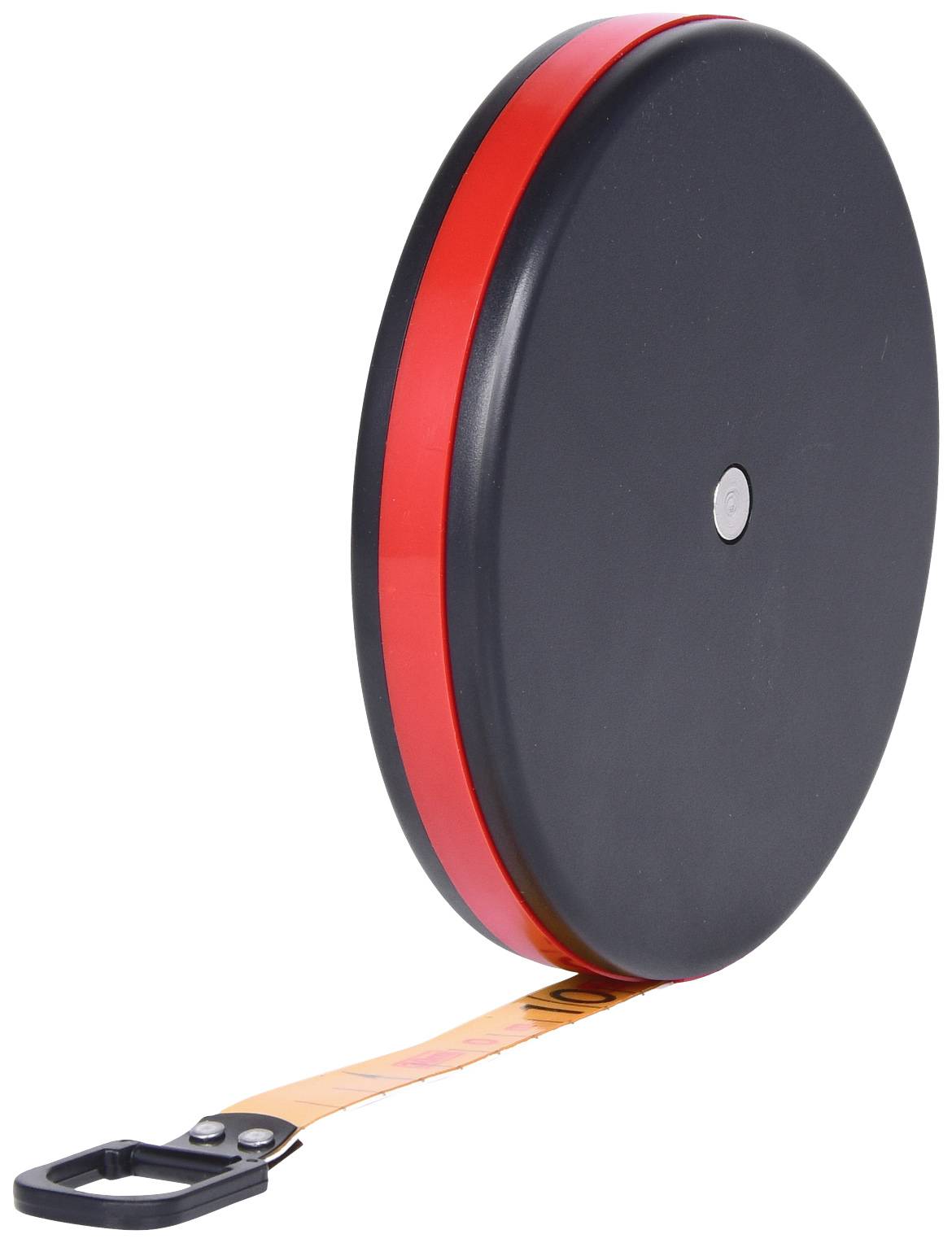 Rouleau de ruban à mesurer rond, noir, avec un bord rouge et un ruban jaune déployé muni d'un crochet noir.