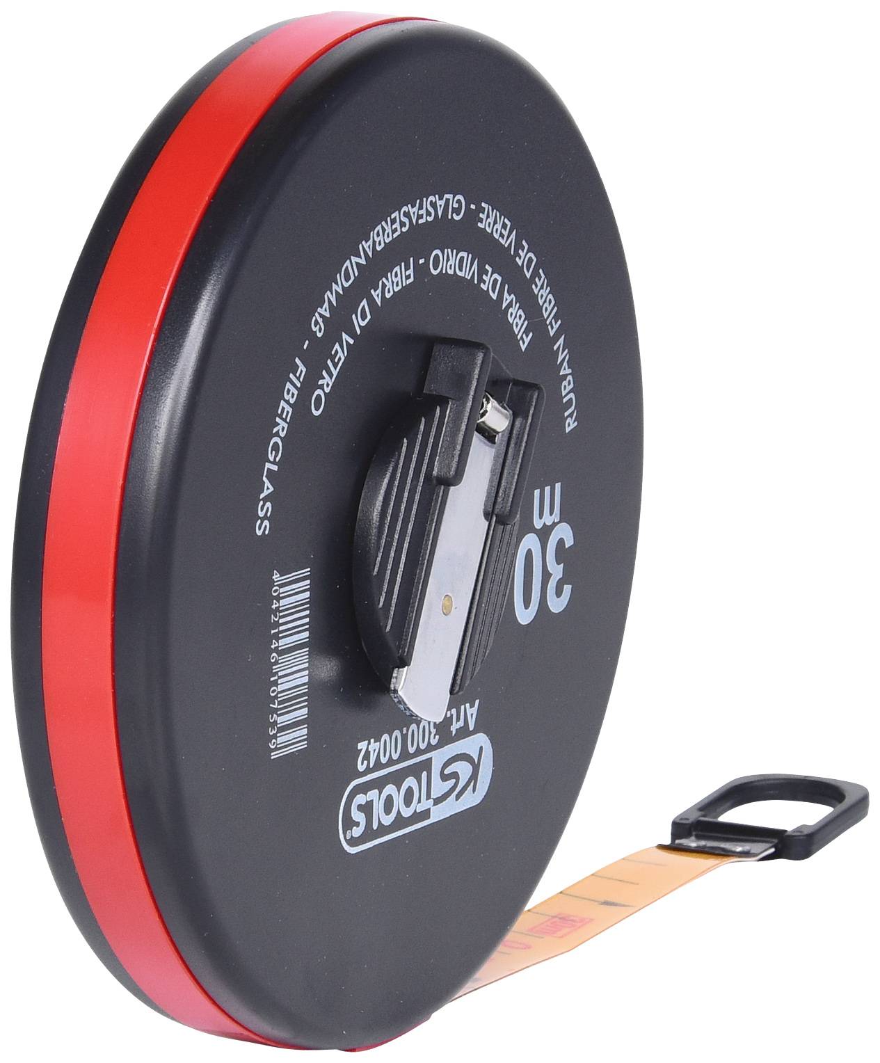 Ruban de mesure de 30 mètres noir et rouge avec manivelle manuelle et bande en fibre de verre déroulée.