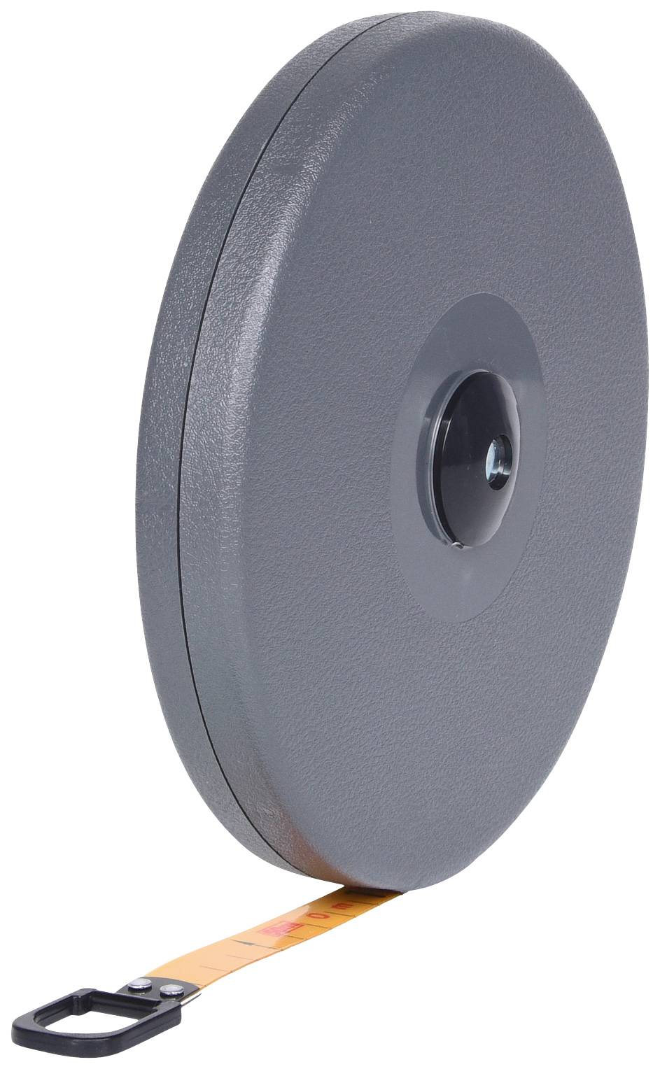 Un ruban à mesurer gris avec un étui en plastique rond et un ruban jaune extensible.