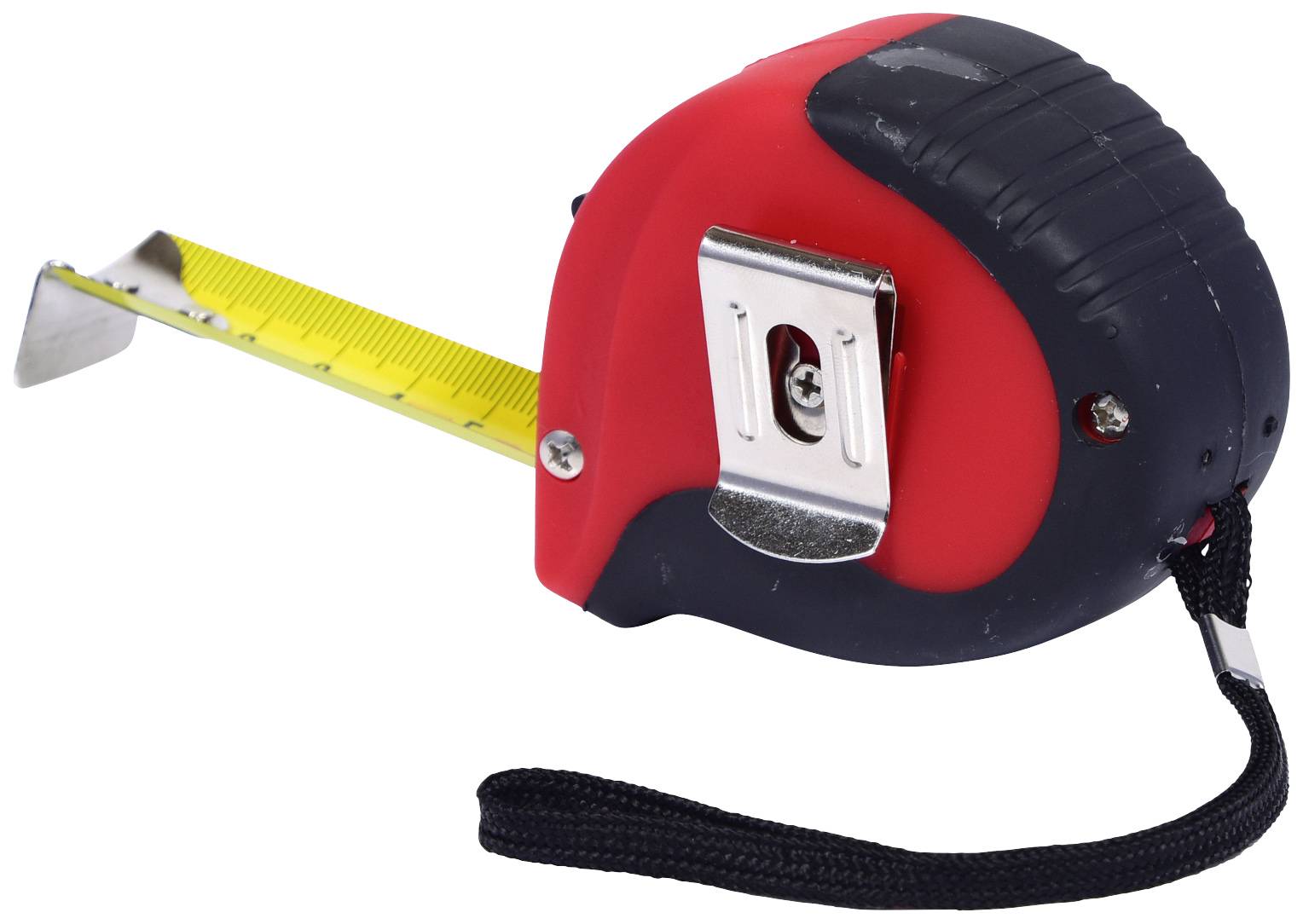 Un mètre ruban avec un boîtier rouge et noir, un ruban jaune et une boucle de transport, déroulé et prêt pour les mesures.