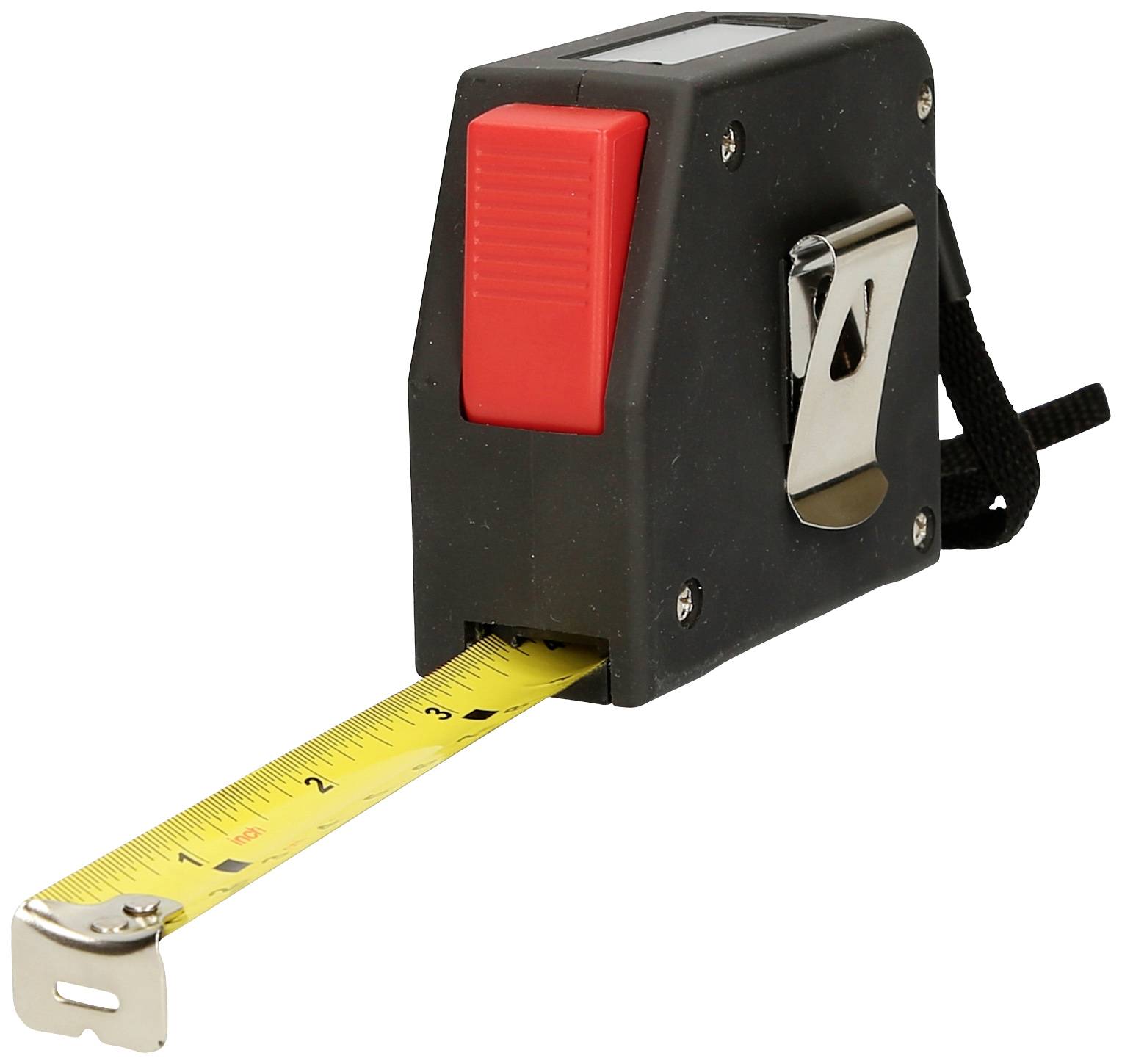 Ruban à mesurer noir avec échelle de mesure jaune déroulée et bouton rouge, idéal pour les mesures de longueur en artisanat et en construction.