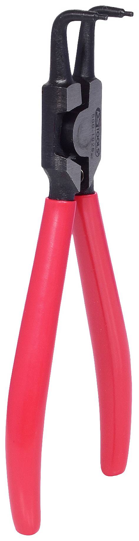 Une pince à circlips rouge avec deux pointes recourbées pour le retrait et la fixation des circlips dans des applications mécaniques.