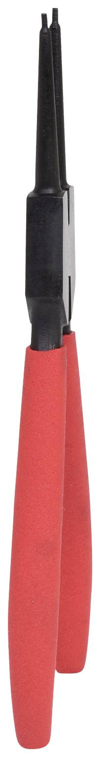 Pince rouge avec embouts noirs, probablement destinée à des travaux fins ou à des réparations électroniques.