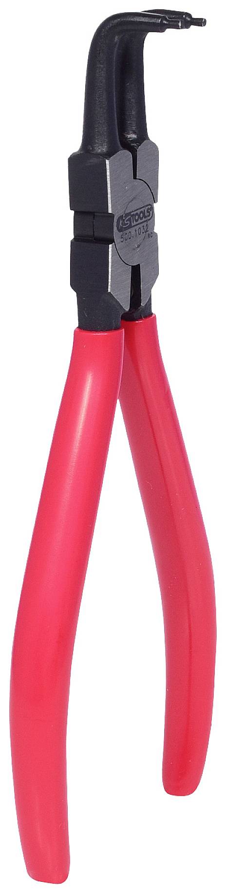 Pince à circlips rouge avec deux longues poignées et une pointe recourbée, adaptée pour retirer ou installer des circlips.