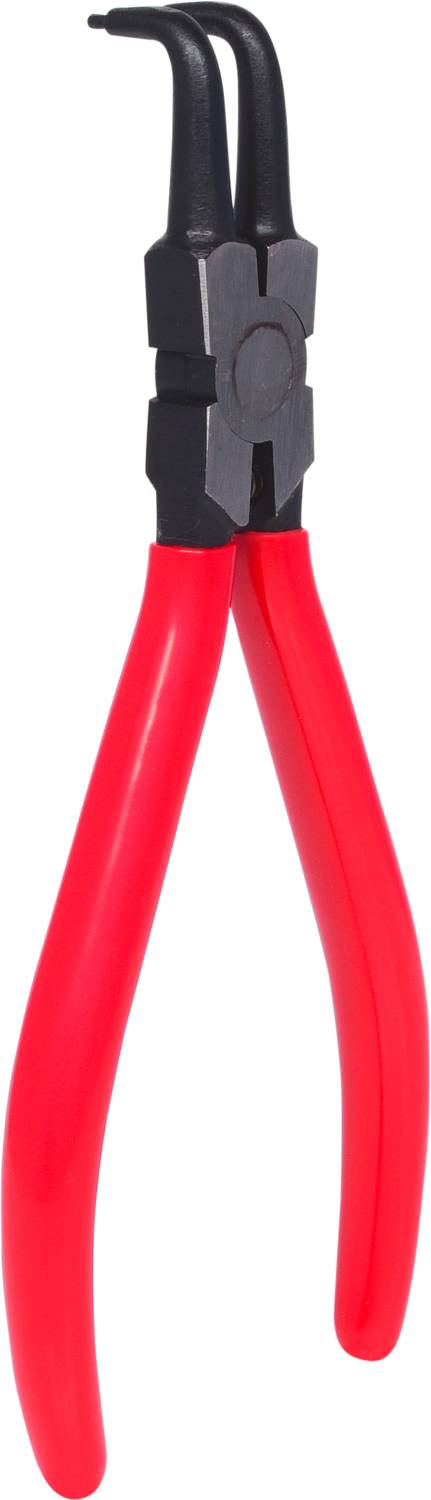 Pince rouge avec embouts noirs, adaptée pour la préhension ou la manipulation précise de petits objets.