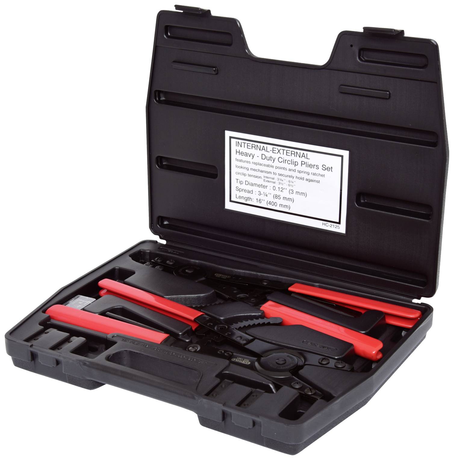 Un ensemble de pinces pour circlips intérieurs et extérieurs robustes, rangées dans un coffret en plastique noir avec une poignée rouge.