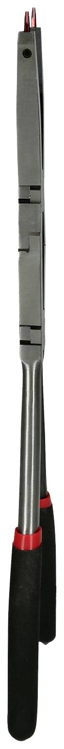 Une longue pince de barbecue élancée avec des poignées noires et des accents rouges, idéale pour retourner les aliments sur le grill.