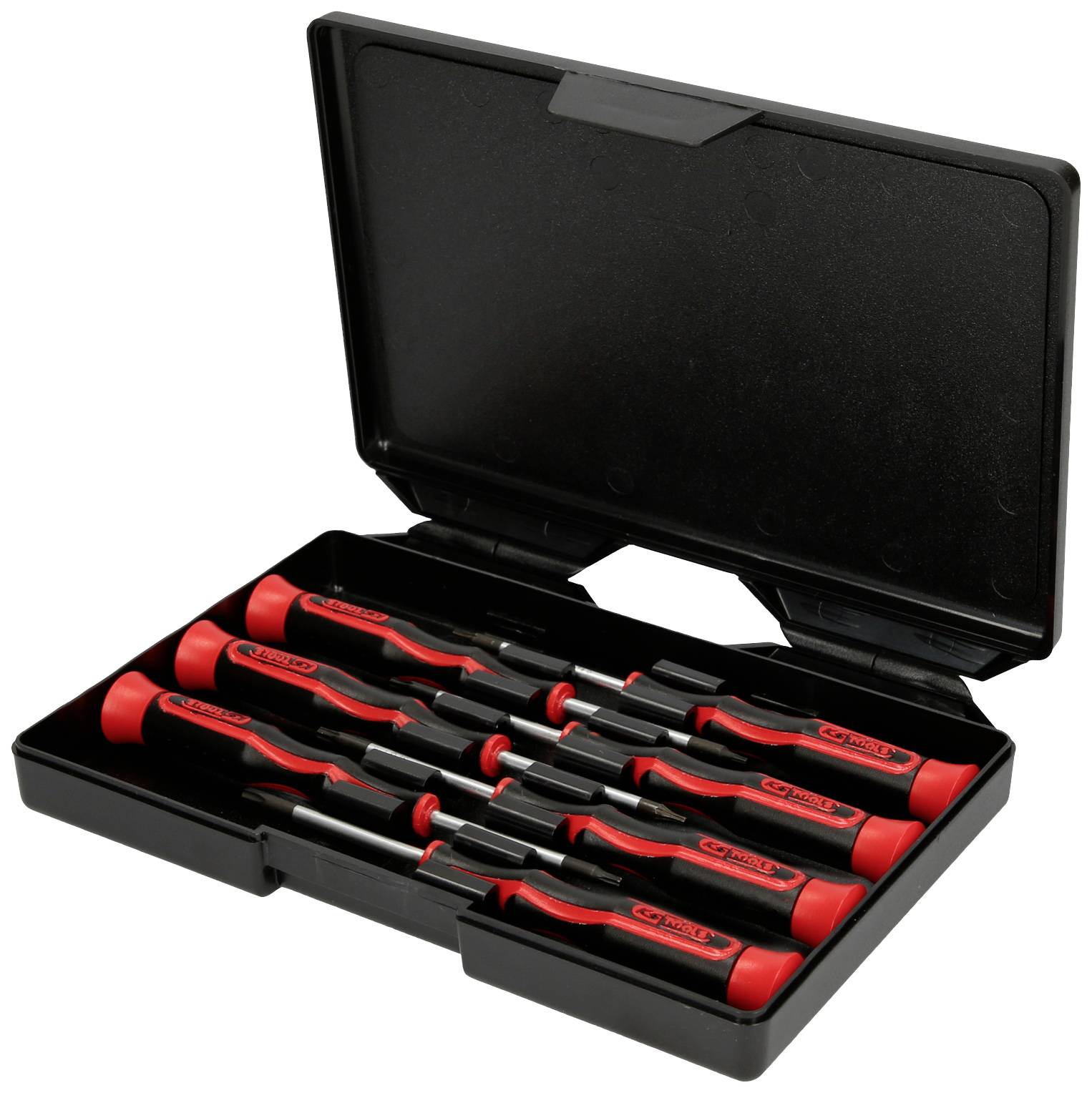 Une valise noire ouverte contenant sept tournevis rouges de différentes tailles. Les poignées sont ergonomiquement conçues.